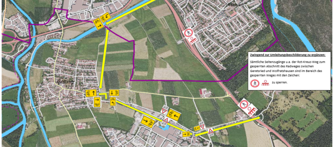 Der Verkehrszeichenplan zeigt die Route für die Umleitung Radfahrer Nummer 1 | © Stadt Wolfratshausen