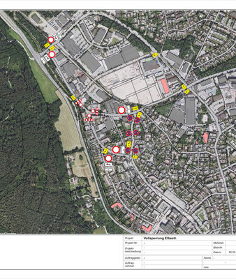 Straßenkarte mit Einzeichnung des gesperrten Abschnittes sowie Beschilderung der Umleitung | © Stadt Geretsried