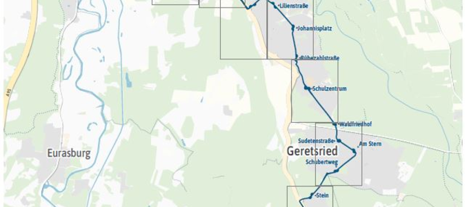 Straßenkarte zeigt den Verlauf der Linie 378 mit allen Haltestellen | © Stadt Geretsried